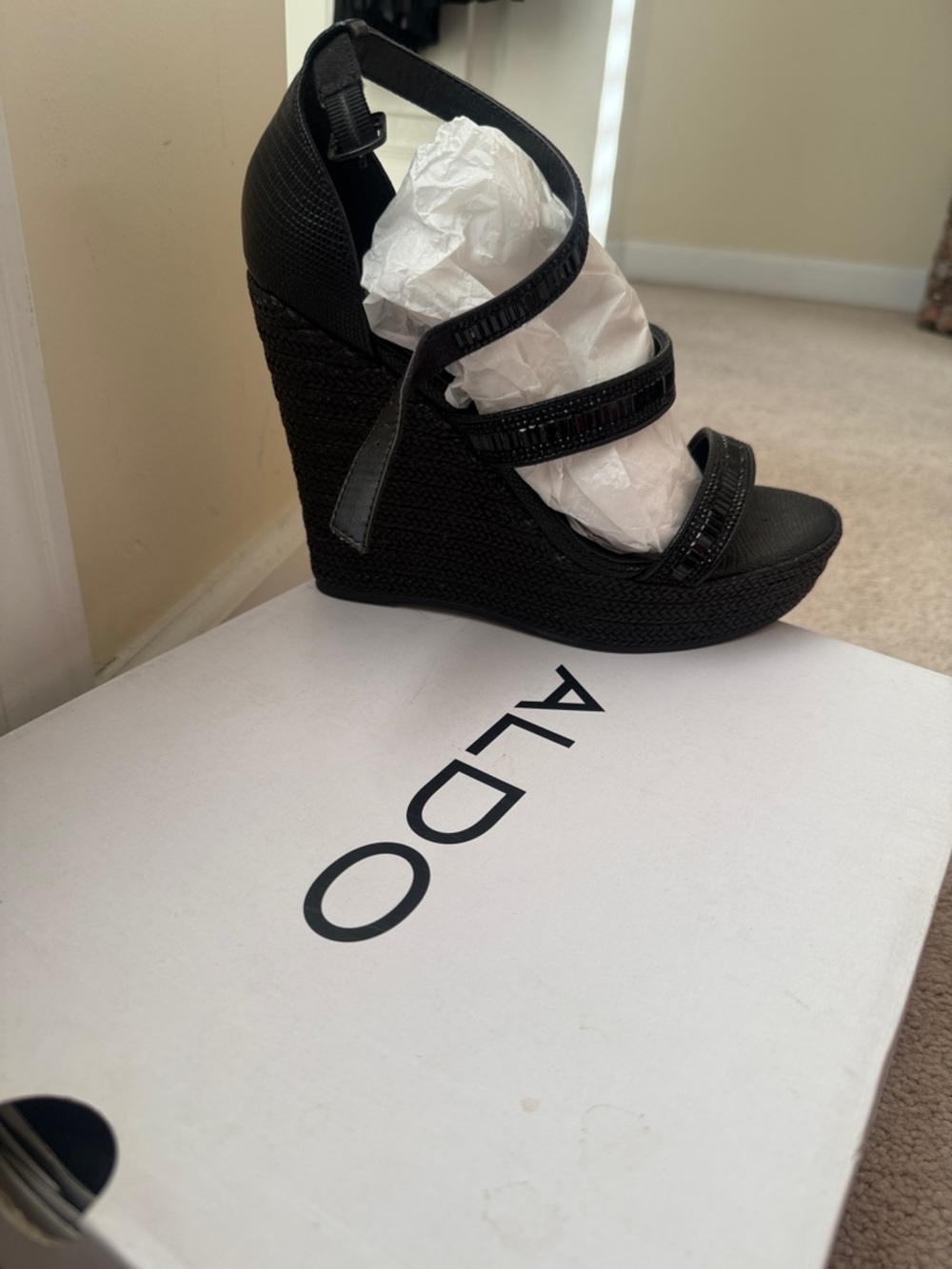 Aldo Black Textured Wedge Sandals
